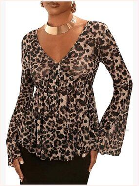 V Neck Floral Print Sheer Mesh Bell Sleeve Ruffle Peplum Blouse Top